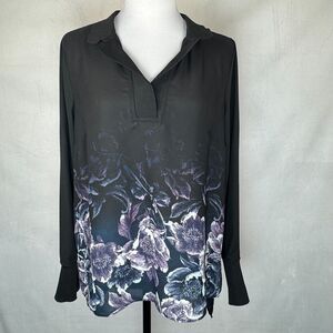 Simply Vera Vera Wang Women Sz M Sheer Black Tunic Floral Print Semi Open Back
